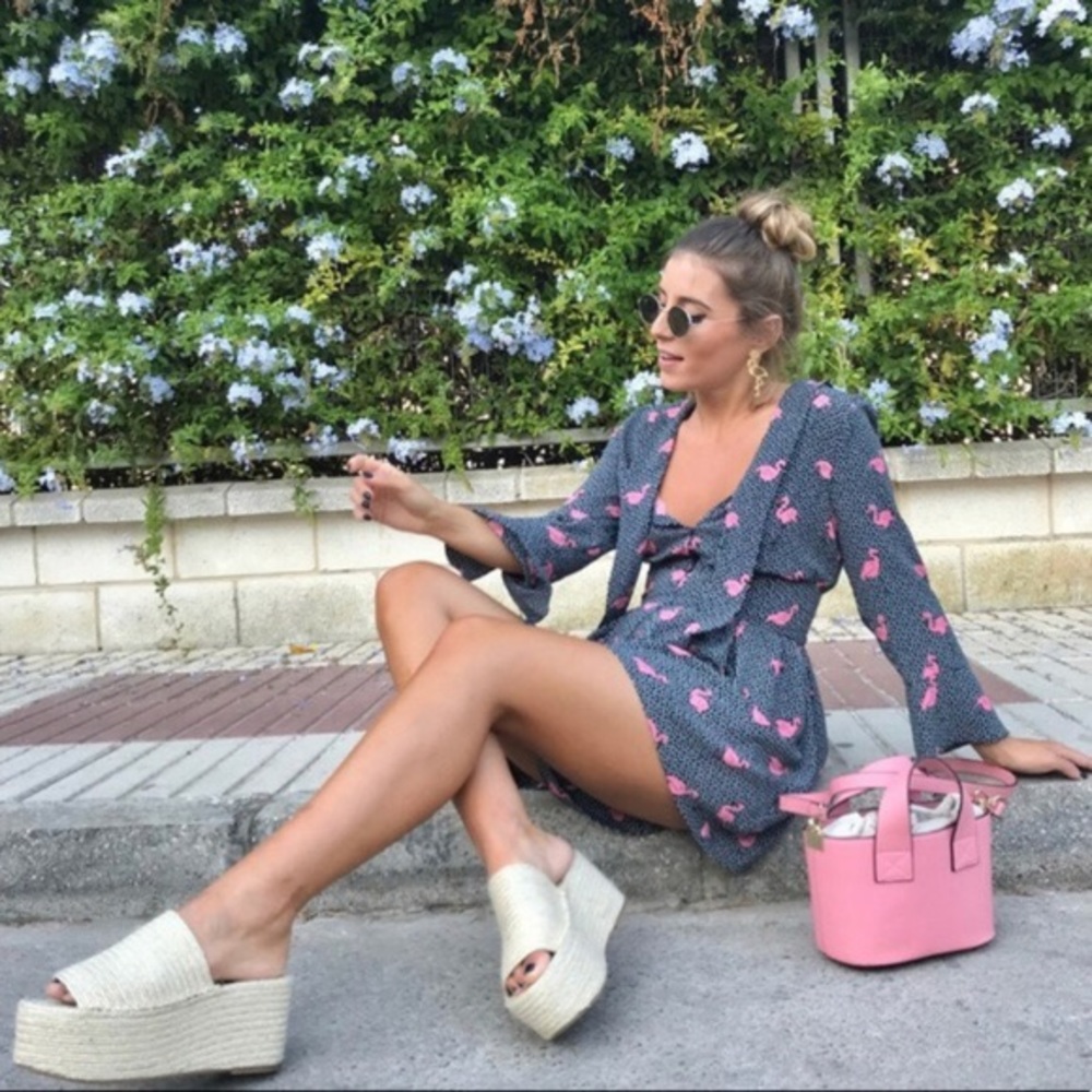 Zara Denim Flamingo Spotted Jumpsuit Romper Small